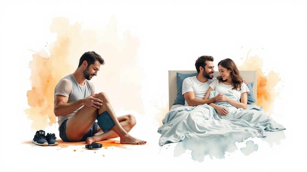 A person smiling and looking relaxed while using a heating product in a cozy home setting.