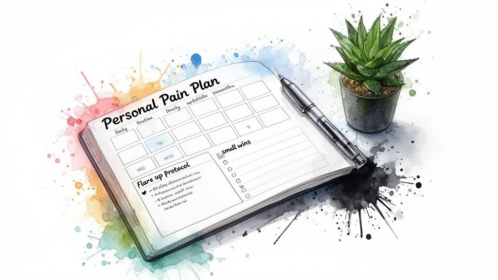 Watercolor illustration of a 'Personal Pain Plan' notebook, pen, and plant for chronic pain management.