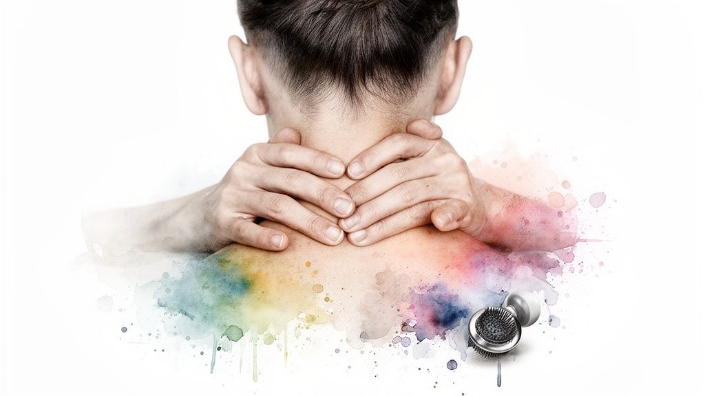 A person holds their painful neck, surrounded by colorful watercolor splashes, with a massage tool nearby.