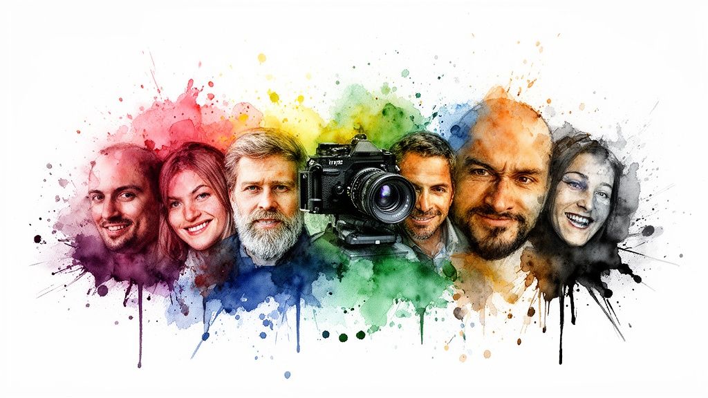 Diverse faces and a vintage camera are surrounded by vibrant watercolor splashes in an artistic painting.