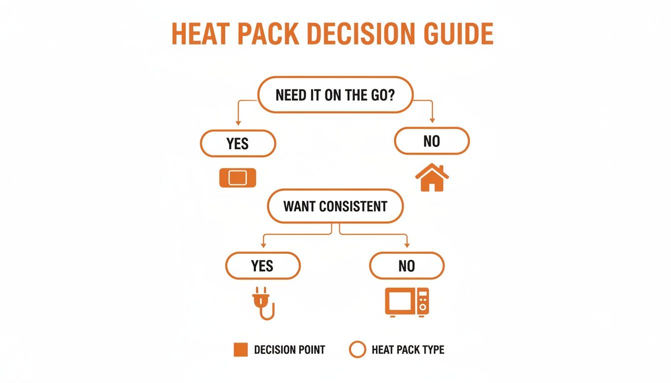 Decision guide flowchart for heat packs, showing options for on-the-go, home, consistent, and microwave types.