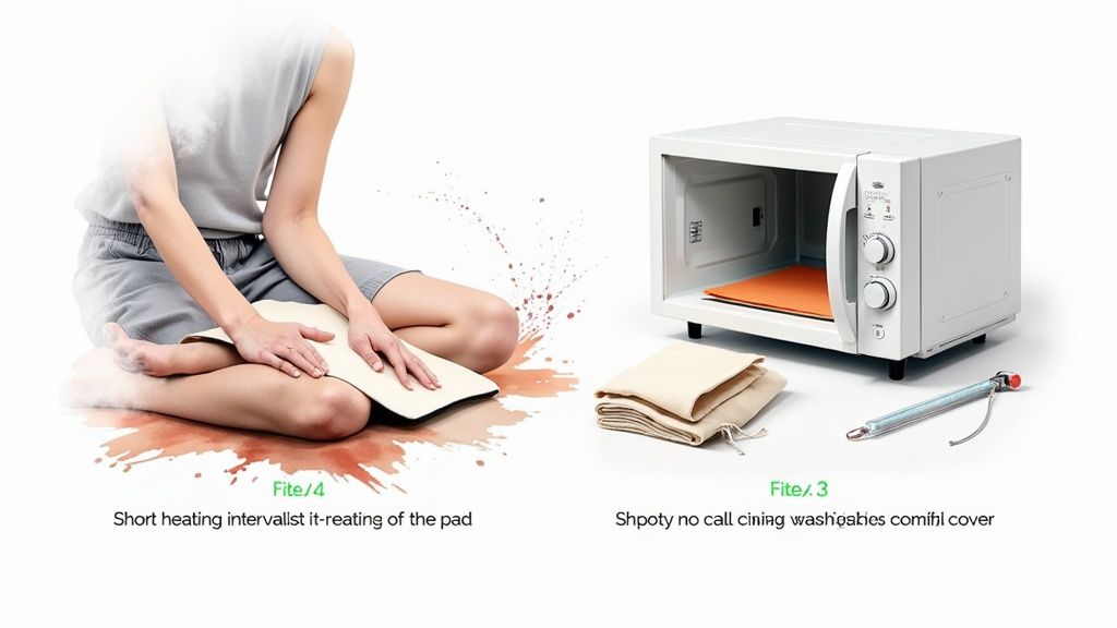 A person safely placing a microwavable heating pad into a clean microwave.