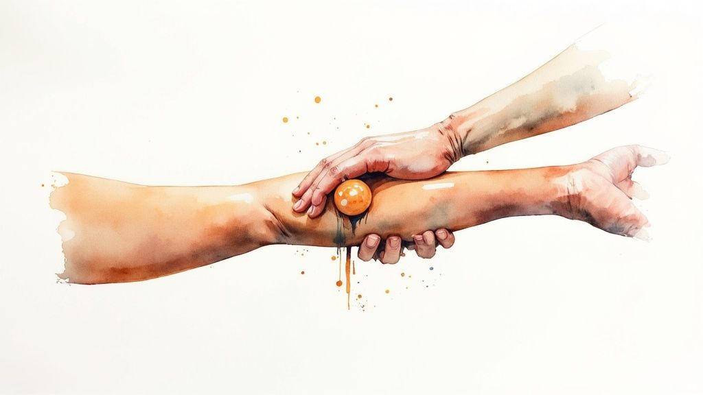 Person using a handheld massager on their neck and shoulders.