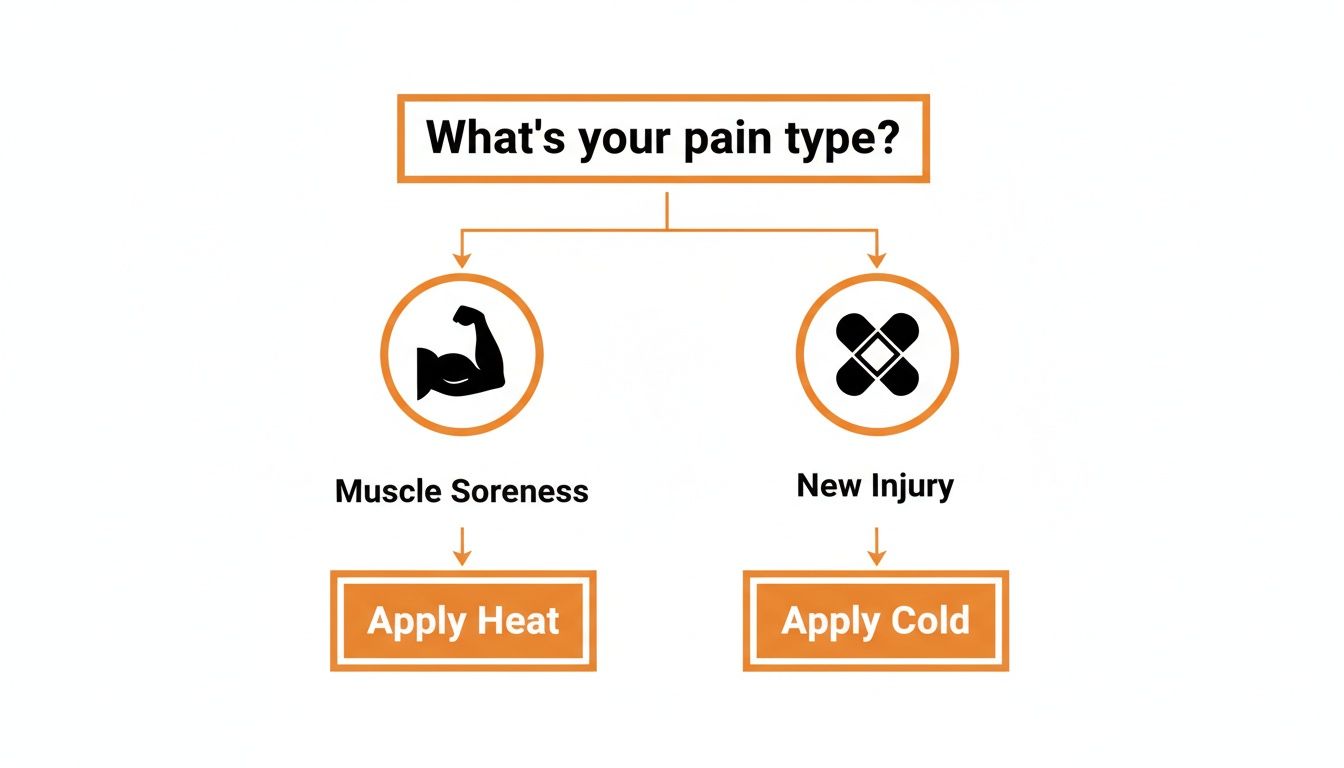 Flowchart guiding pain type treatment: muscle soreness for heat, new injury for cold.
