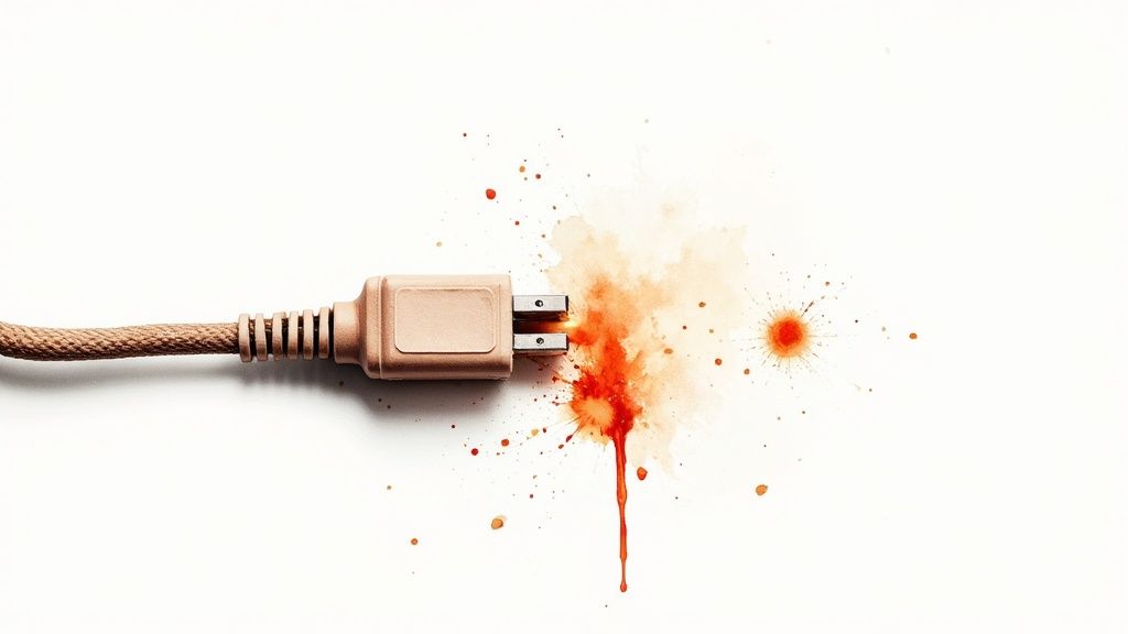 An electrical plug with orange and red splatters and drips around its metal pins, suggesting a malfunction.