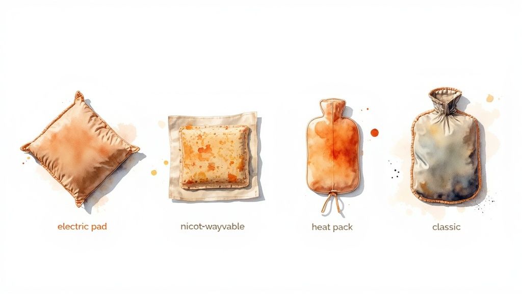 Four watercolor illustrations of different heating pads and hot water bottles: electric, nicot-wayvable, heat pack, and classic.