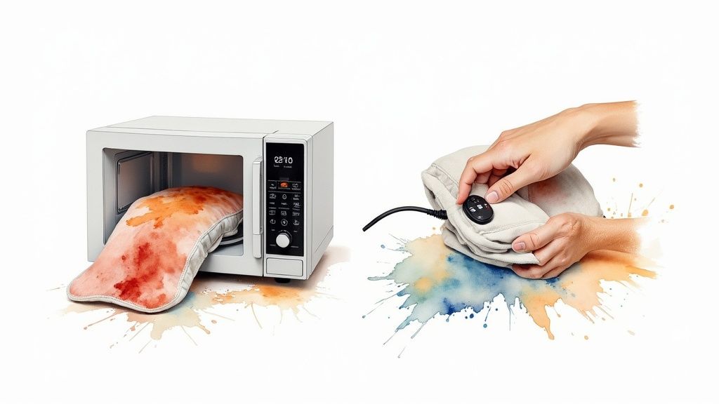 A person carefully checking the temperature of their heatable neck warmer before applying it.