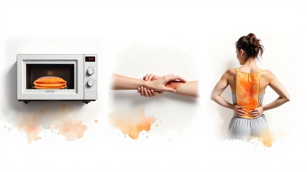 Three images show a microwavable heat bag being prepared in a microwave and used for pain relief.
