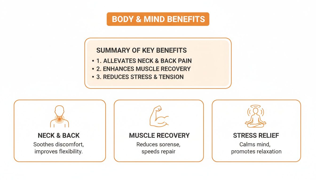 A woman with short hair relaxes with a flax seed heat pad on her shoulders.