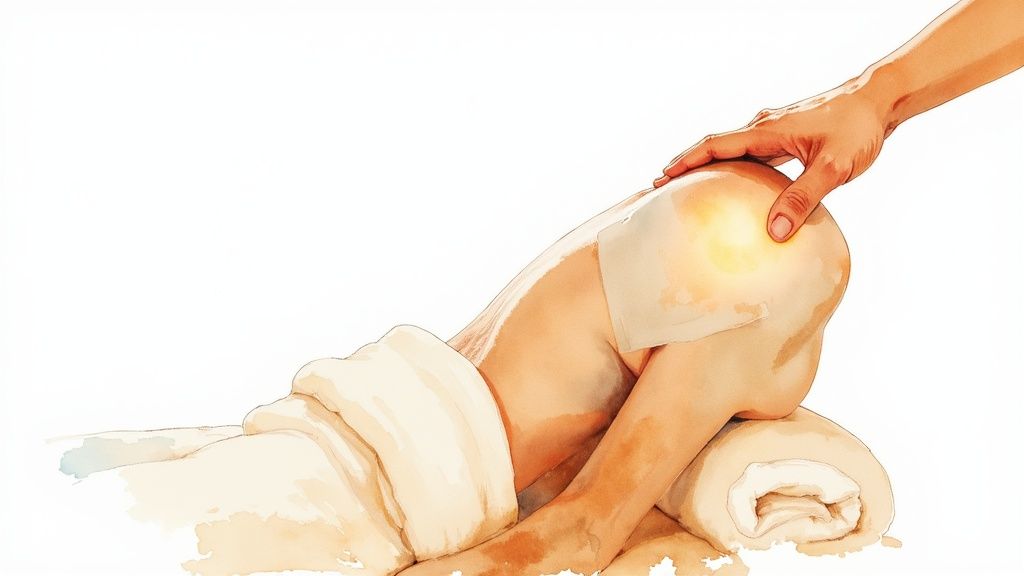 A person applying a heat wrap to their neck for relief.