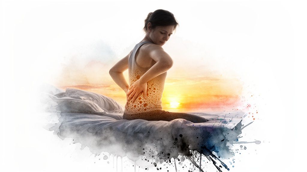 Woman sitting on a bed holding her painful lower back, visualized with bubbles, at sunrise.