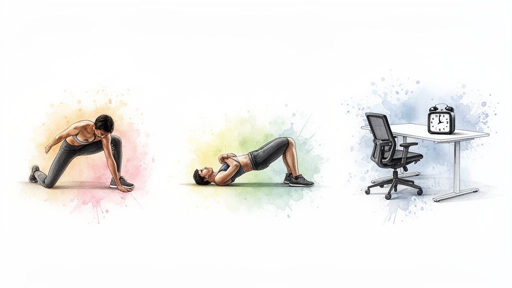 Illustrations of hip flexor stretches, glute bridge exercise, and an office desk with an alarm clock.
