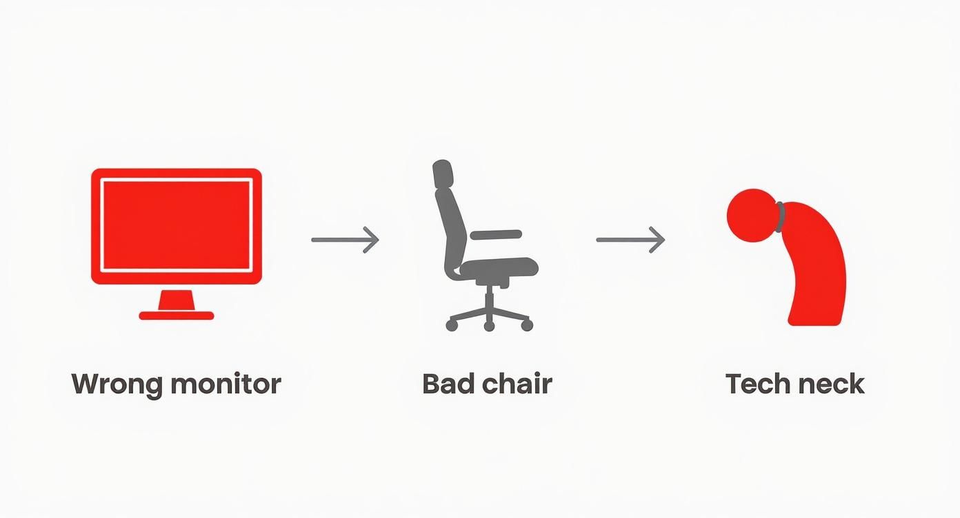 Diagram illustrating how a wrong monitor and bad chair can lead to developing tech neck posture.