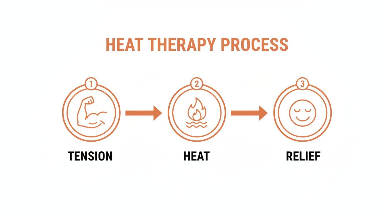 Infographic illustrating the heat therapy process, moving from muscle tension to heat application, then to relief.