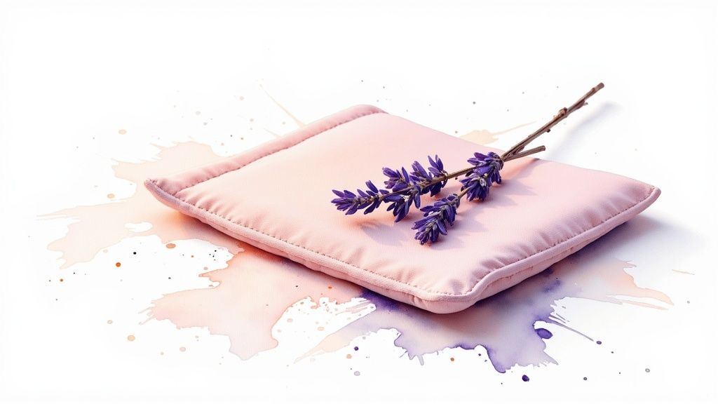 A close-up shot of dried lavender buds next to a soft fabric heating pad.