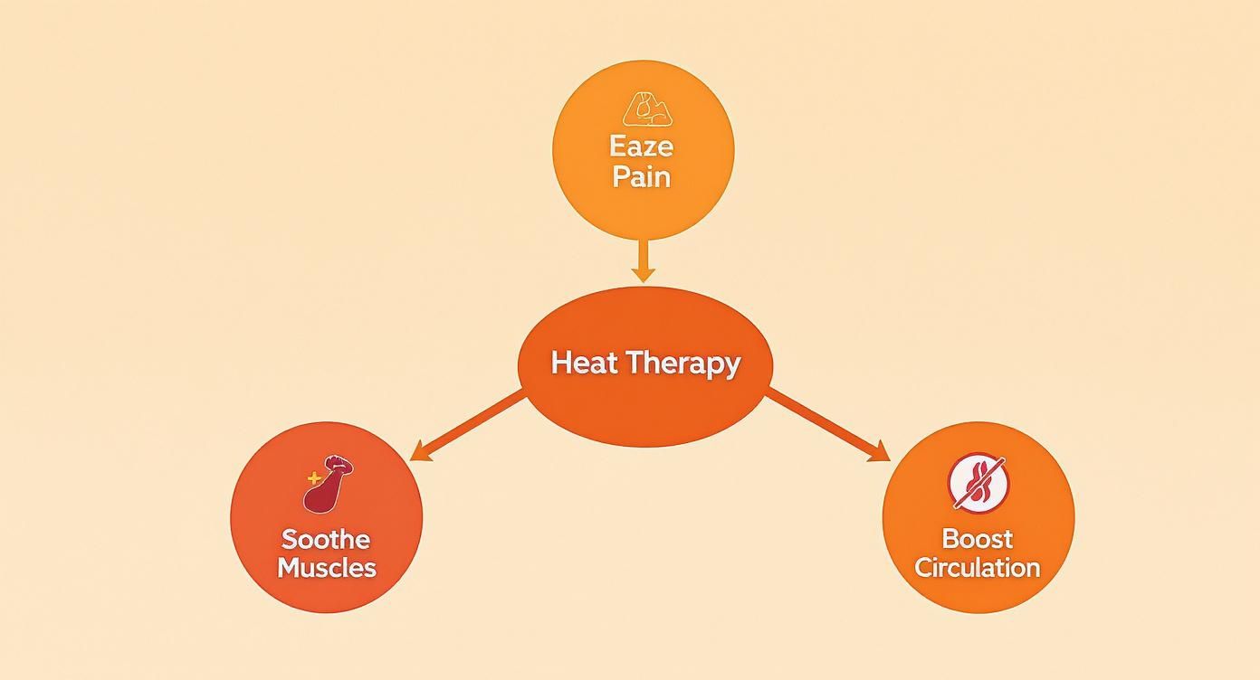 Infographic about benefits of heat therapy showing nodes for Soothing Muscles, Easing Pain, and Boosting Circulation.