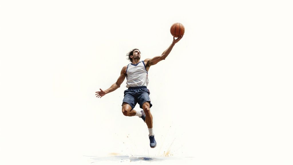 Athletic man jumping high in air reaching for basketball demonstrating proper sports technique