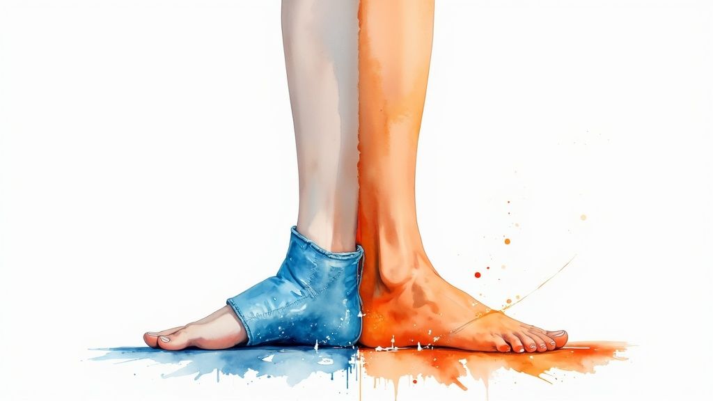 A watercolor illustration of two legs; one blue, suggesting cold therapy, the other orange, representing heat therapy.