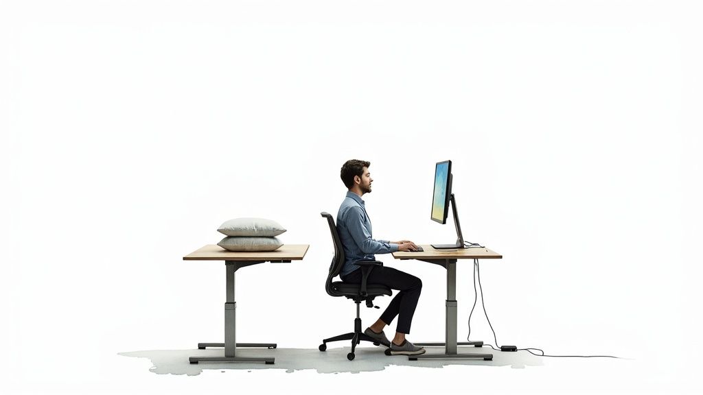 An ergonomic workspace setup showing proper posture for back health.
