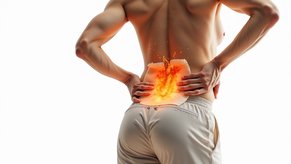 Woman holding her lower back in pain, illustrating the source of sciatica discomfort.