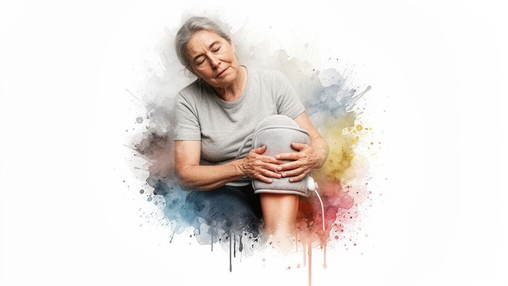 Elderly woman applies a grey heating pad to her knee for pain relief, eyes closed in discomfort.