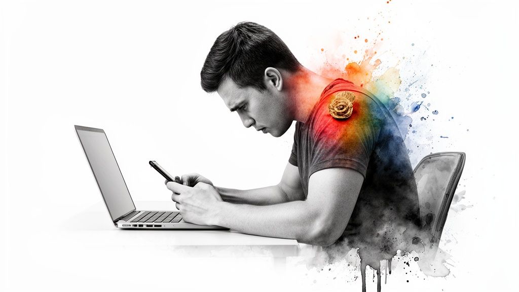 A person experiencing neck and shoulder pain, with an illustration of a muscle knot highlighted