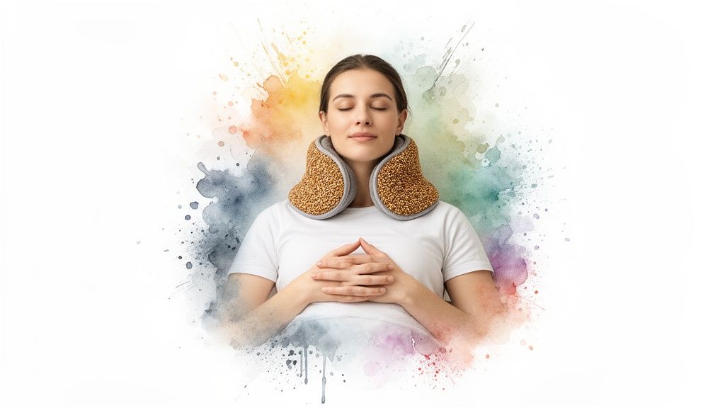 Woman with eyes closed wearing a flax seed neck heating pad for relaxation and wellness.