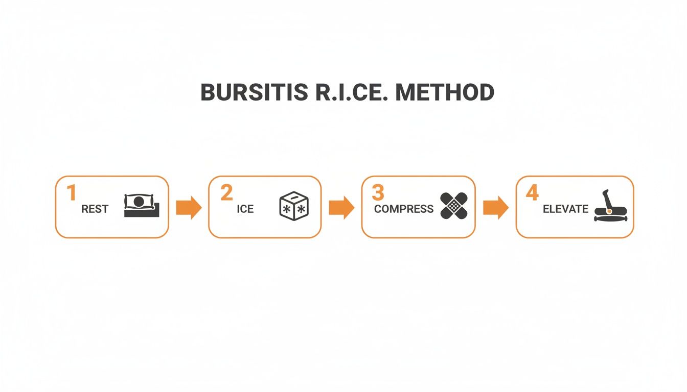 A diagram illustrating the Bursitis R.I.C.E. method with four steps: Rest, Ice, Compress, and Elevate.