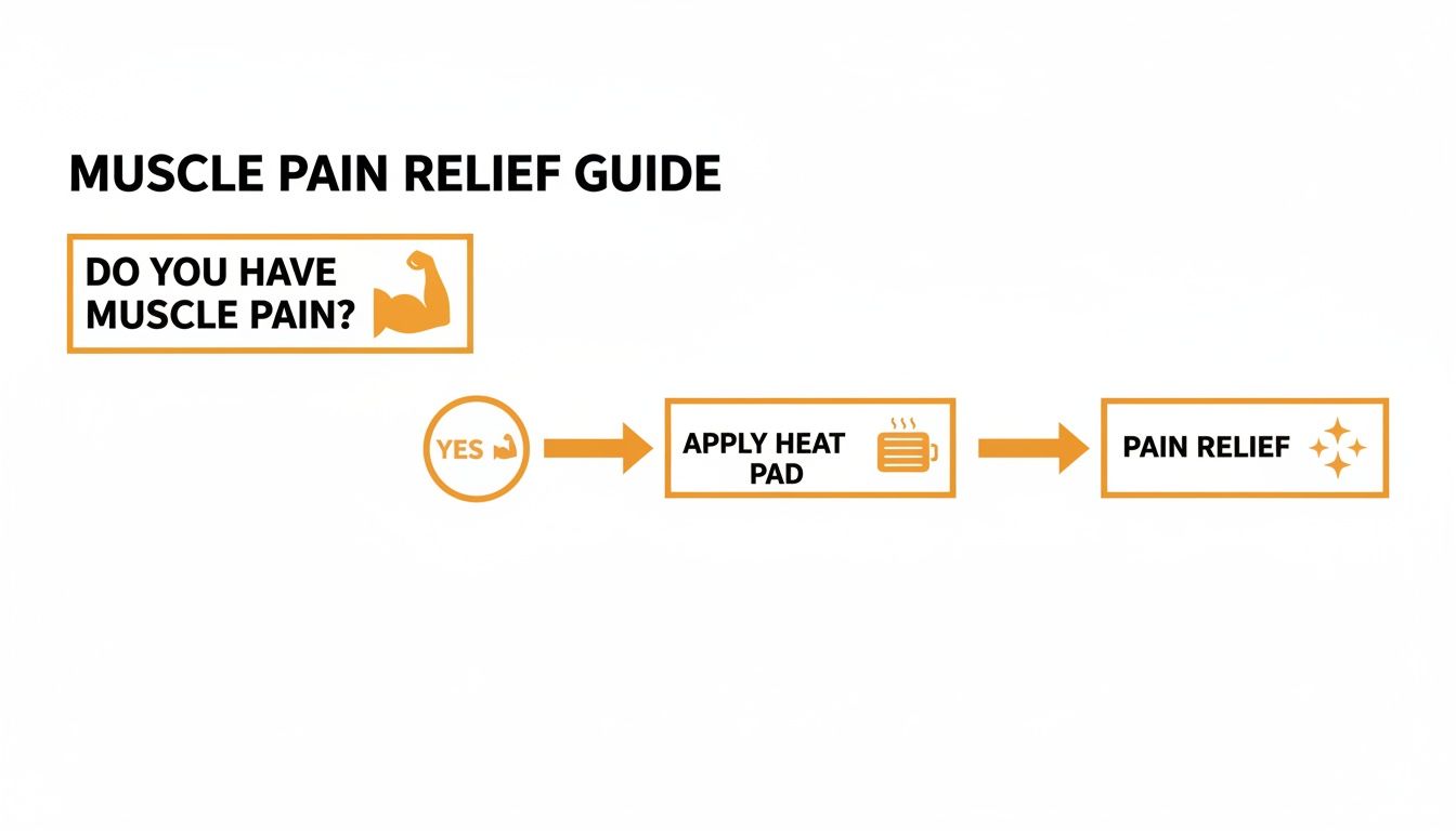 Flowchart illustrating a muscle pain relief guide: if you have muscle pain, apply a heat pad for relief.