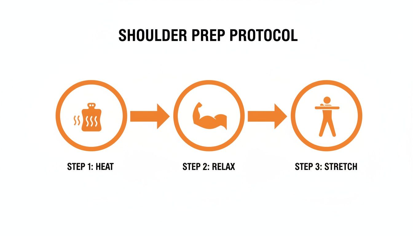 A three-step shoulder prep protocol: heat, relax represented by a muscle, and stretch.