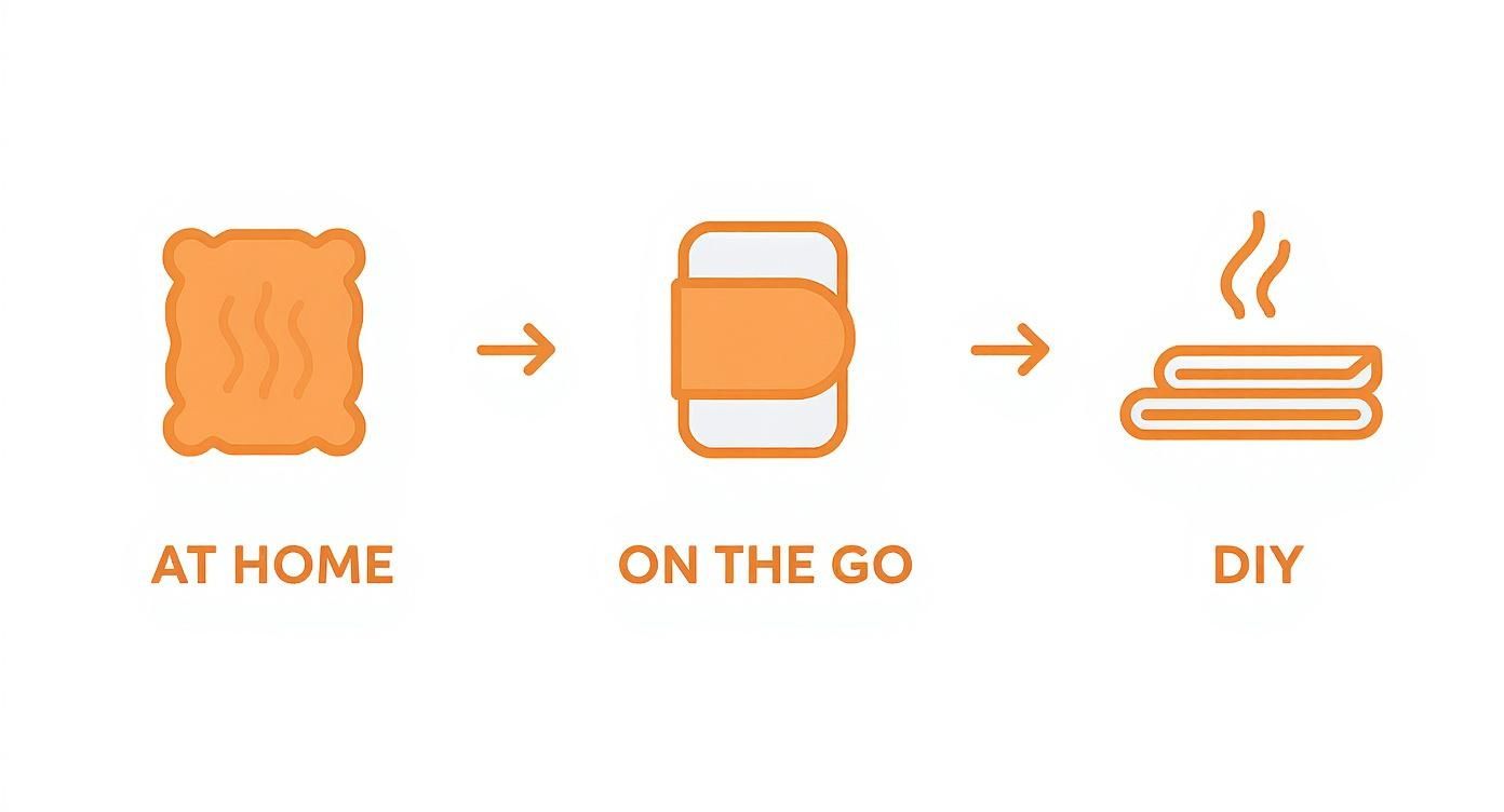 Illustration showing three heat therapy methods: at-home heat pack, on-the-go wrap, and DIY hot towels.