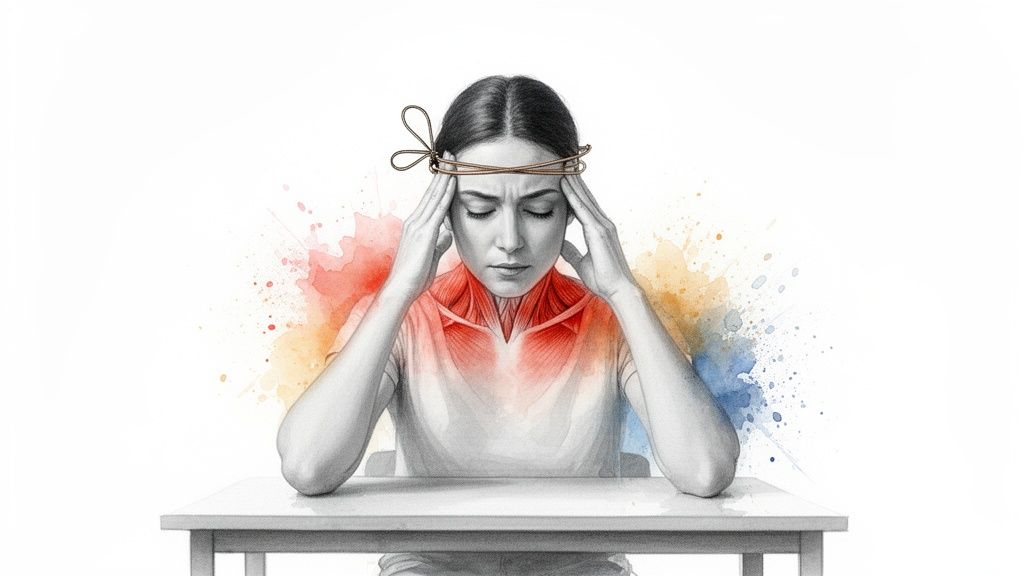 A woman with a rope around her head, indicating a severe tension headache with neck pain.
