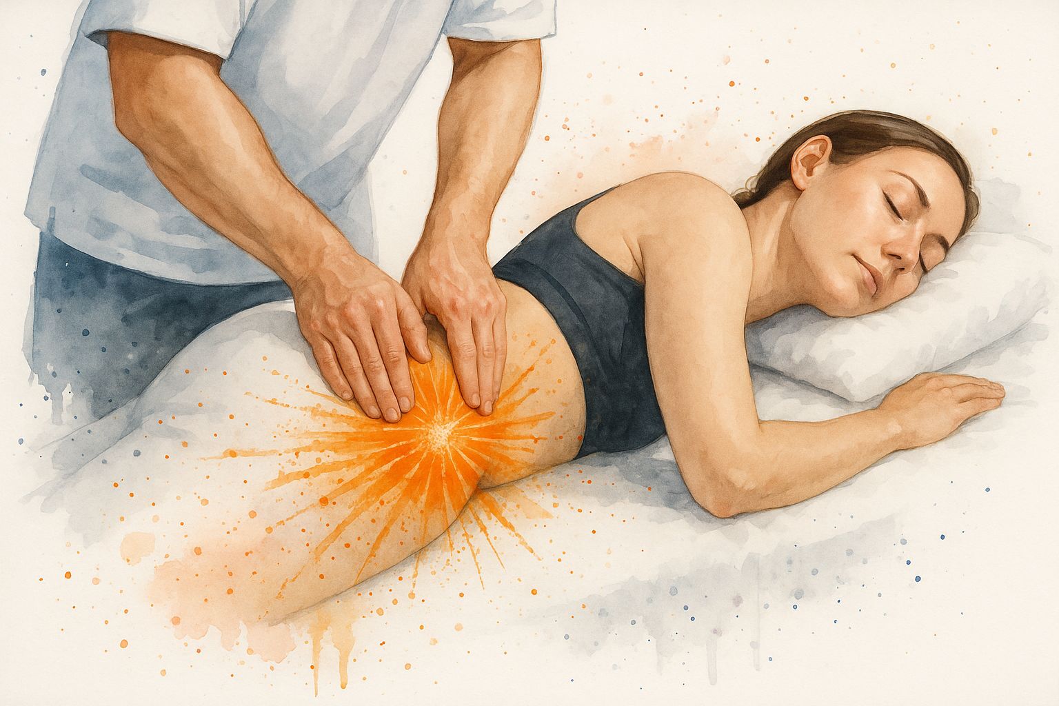 Watercolor illustration of a therapist massaging a woman's hip to relieve sciatica pain.
