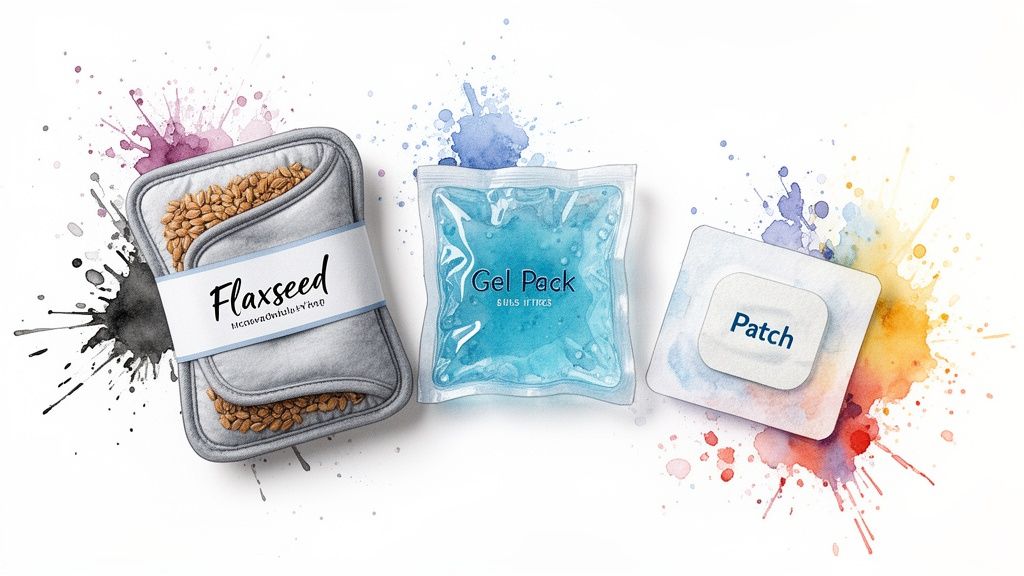A flat lay of a flaxseed heating pad, a blue gel pack, and a white patch with colorful watercolor splatters.