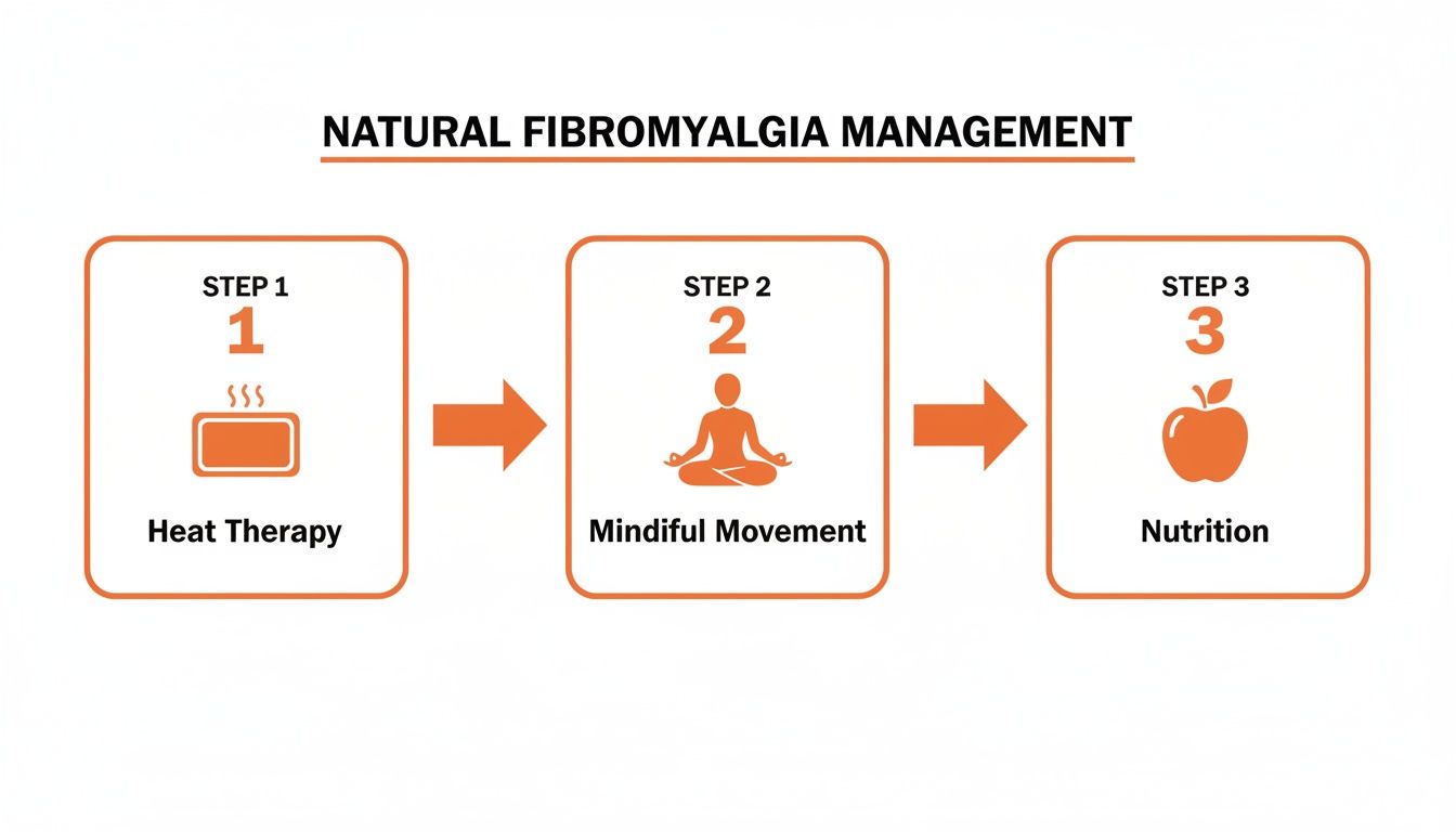 Infographic showing three steps for natural fibromyalgia management: heat therapy, mindful movement, nutrition.