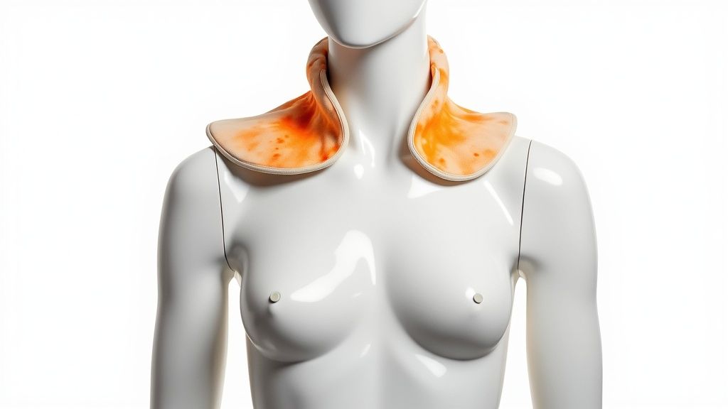 A person using the SunnyBay neck and shoulder heating pad, showing its contoured fit and coverage.