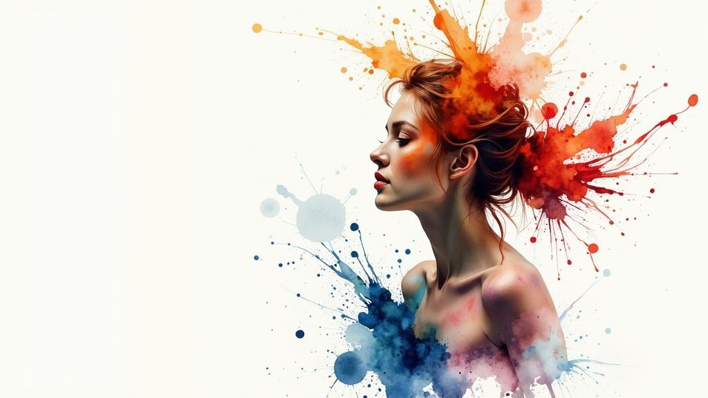 A woman in profile with colorful watercolor splashes radiating from her head and body.