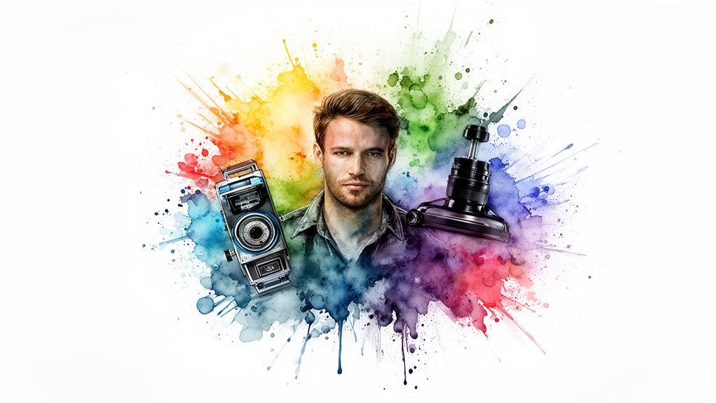 A man with camera gear surrounded by vibrant watercolor splashes against a white background.