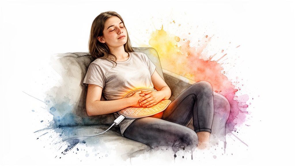 Young woman relaxes on a couch, using a glowing heating pad for period pain relief.
