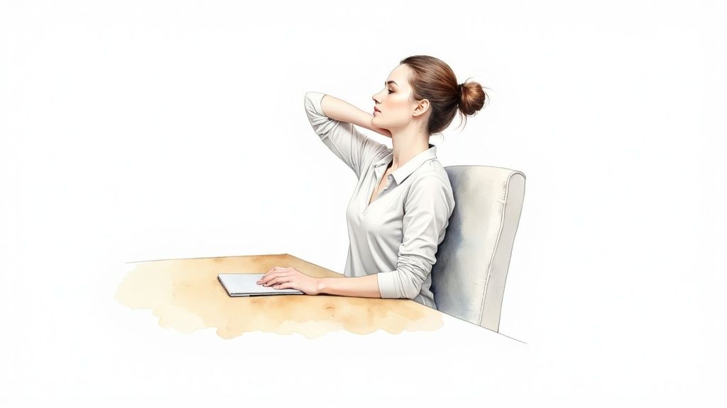 An illustrated woman sitting at a desk, stretching her neck with a tablet nearby.