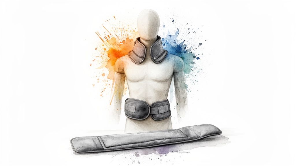 Mannequin displaying neck, back, and body therapy pads with hot and cold watercolor splashes.