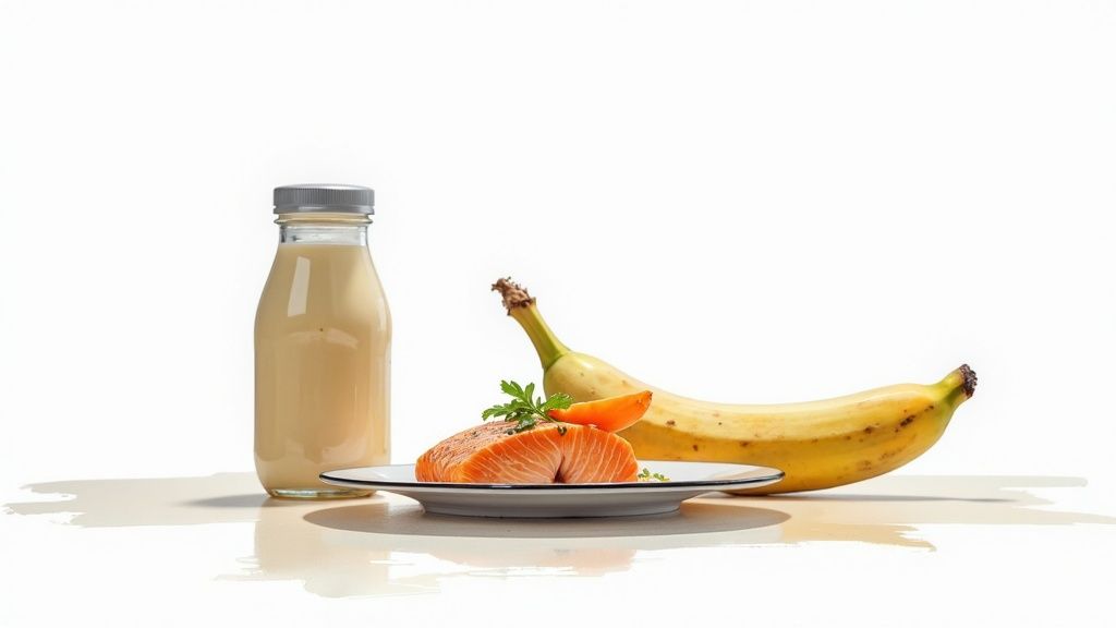 A healthy meal with a bottle of milk, cooked salmon on a plate, and a fresh banana.