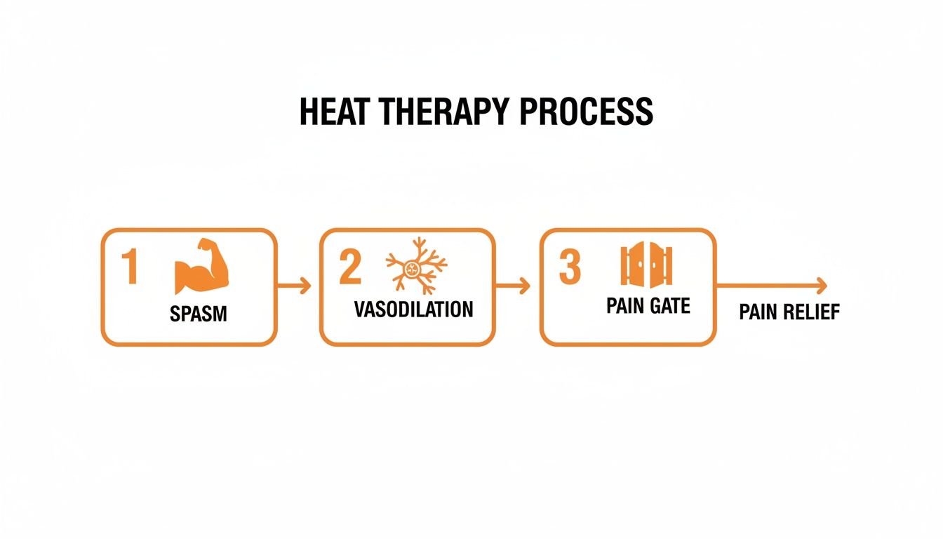 Flowchart illustrating the heat therapy process, showing spasm, vasodilation, pain gate, and ultimate pain relief.