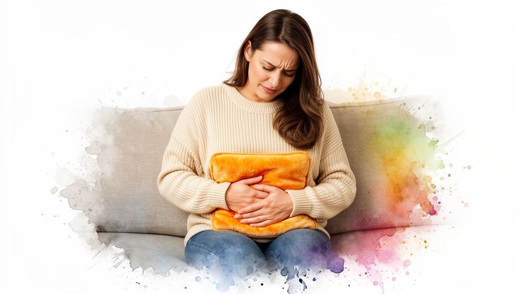 A young woman with a pained expression holds an orange heating pad on her stomach for relief.