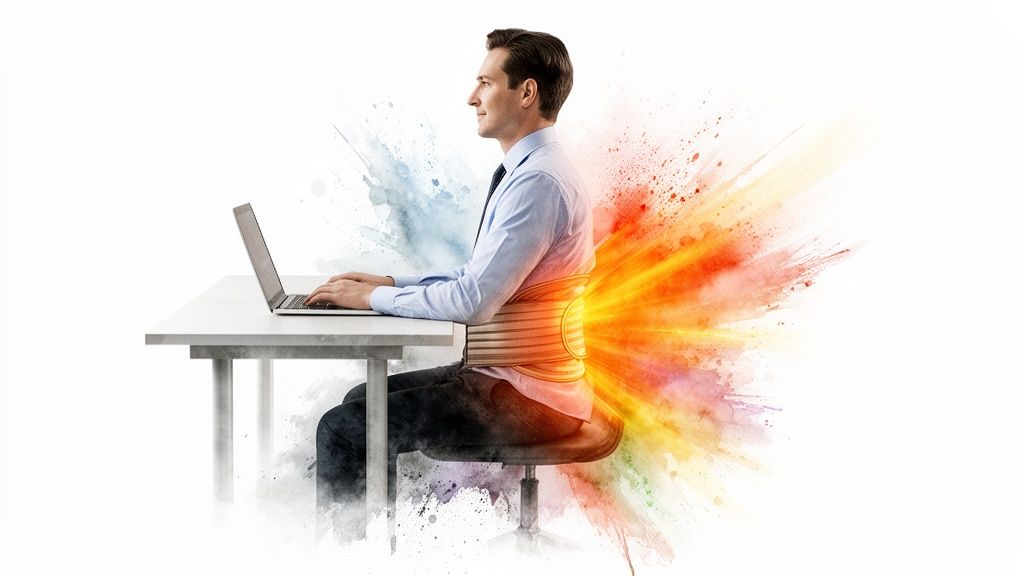Man using a laptop wearing a back support, with a colorful burst around his lower back.