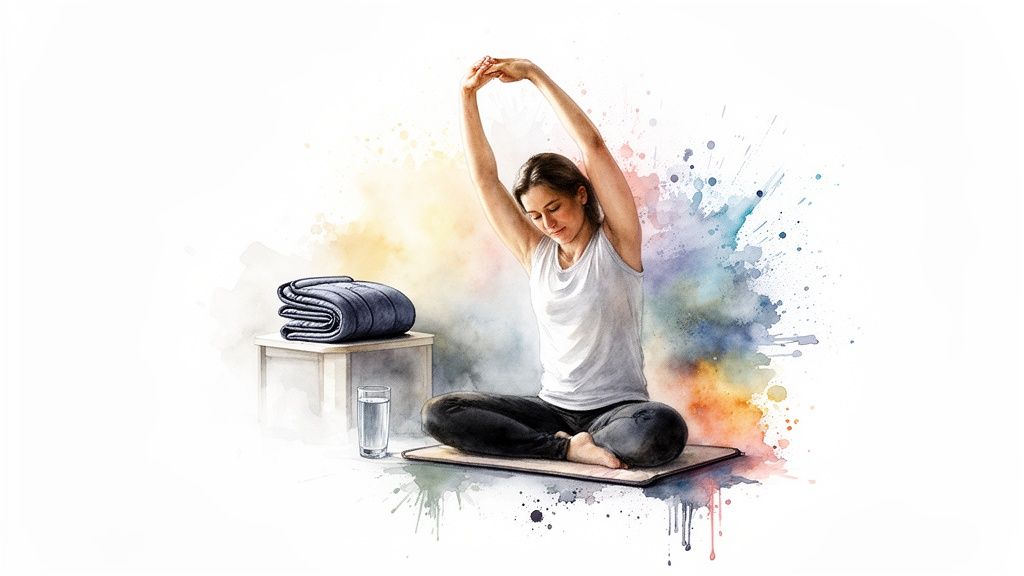 Watercolor of a woman stretching on a yoga mat, with a blanket and water.
