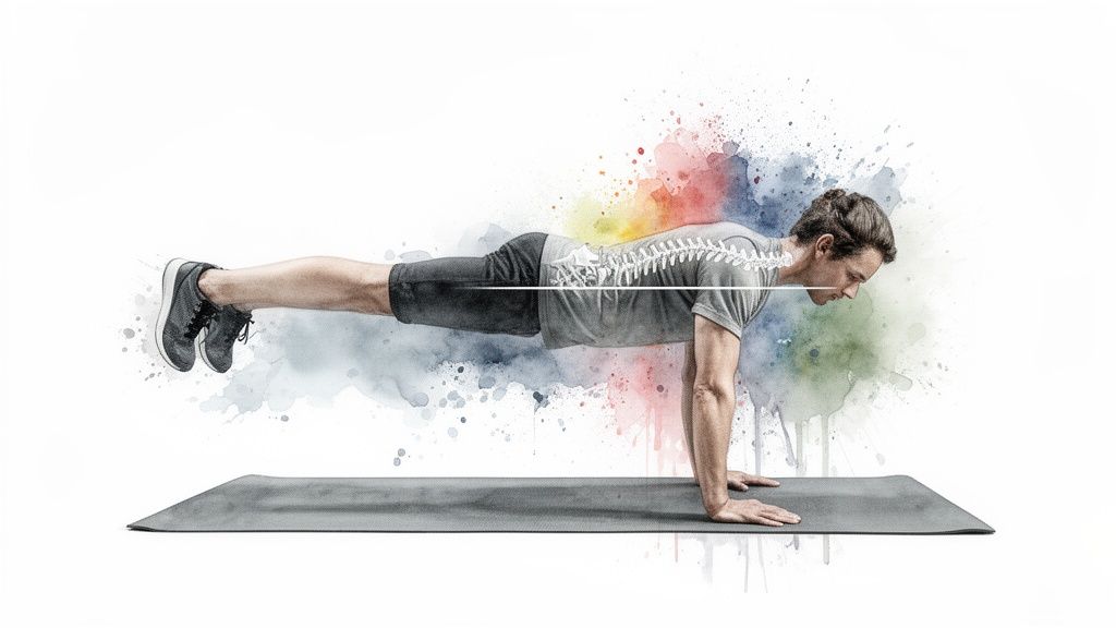Woman working at a desk with poor posture, experiencing lower back pain.