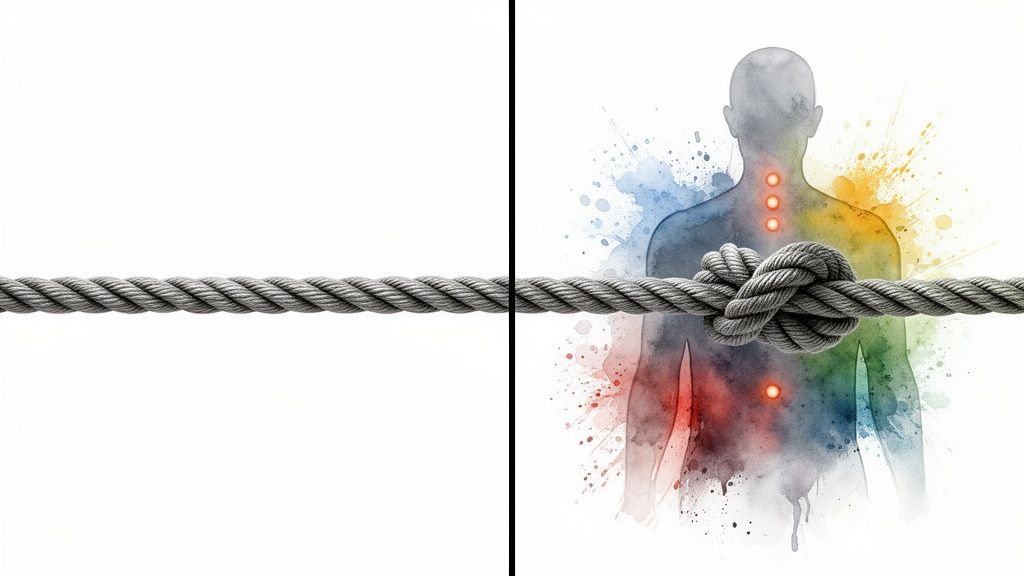 A rope transforms from straight to knotted around a human torso with glowing trigger points, symbolizing pain relief.