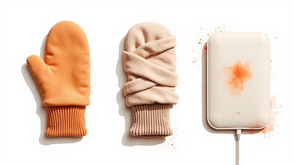 Orange and beige mittens alongside a charging electronic device with orange artistic splatters.