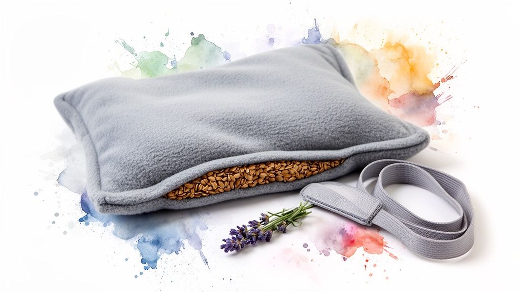 Natural grey fabric heat pack filled with flax seeds, with lavender and a strap.